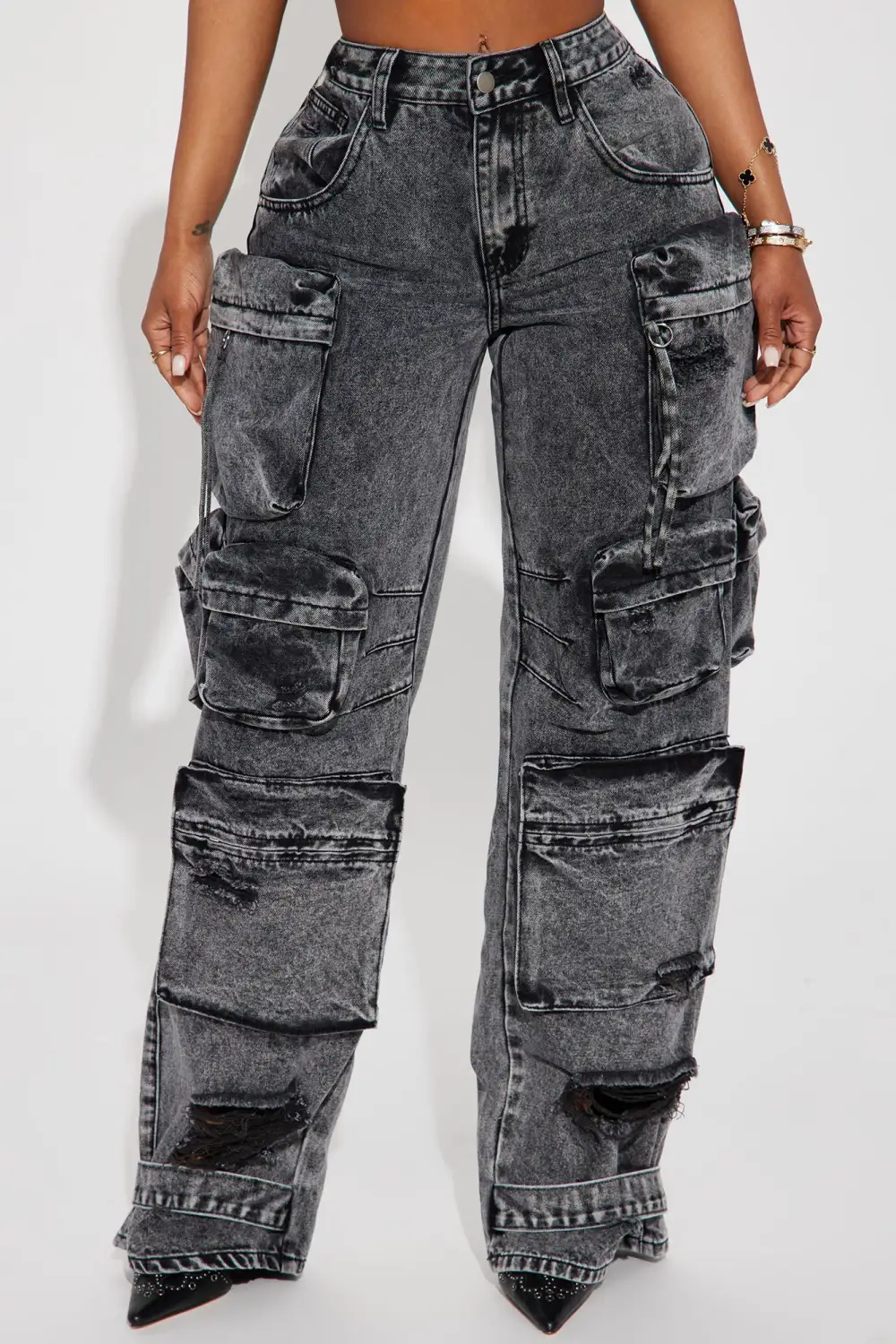 Millie Non Stretch Ripped Cargo Jeans - Acid Wash Black-Aldronix