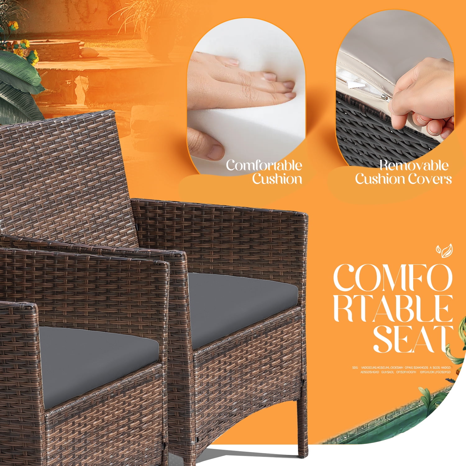 4 Pieces Patio Conversation Set Outdoor PE Rattan Wicker Chairs Set and Table, Brown-Aldronix
