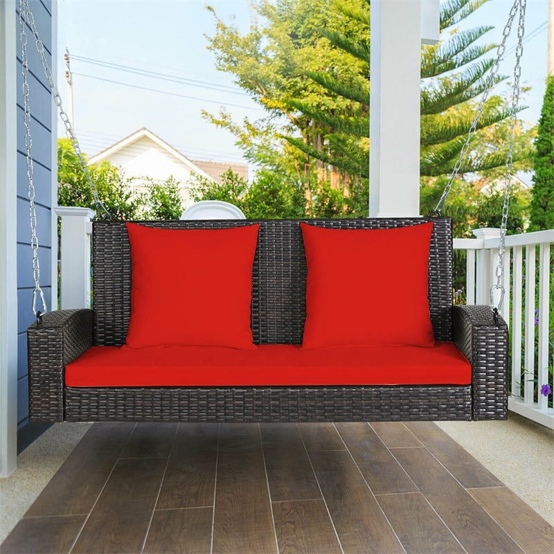 2-Person Outdoor Wicker Hanging Porch Swing Bench with 3 Cushions-Aldronix