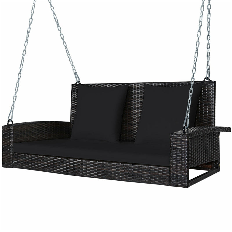 2-Person Outdoor Wicker Hanging Porch Swing Bench with 3 Cushions-Aldronix