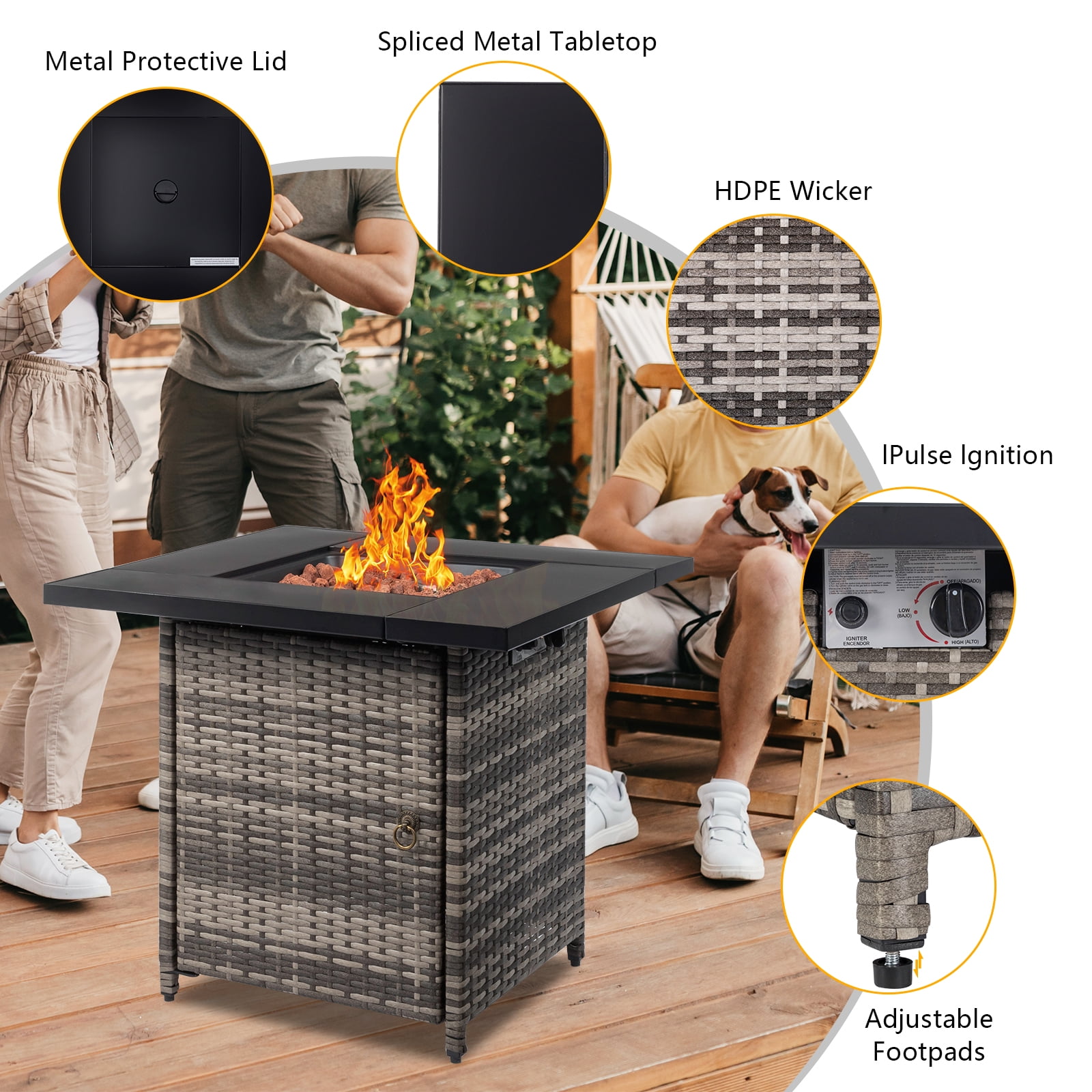 Square Propane Fire Pit Table, Outdoor Gas Fire Pit Table with Lava Rocks and Lid, Gas Heater for Bonfire Patio Garden Backyard, 28-Inch 50,000 BTU Auto-Ignition Fire Table, CSA Certification-Aldronix