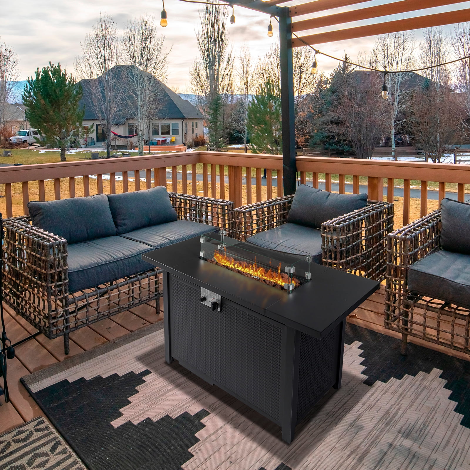 Square Propane Fire Pit Table, Outdoor Gas Fire Pit Table with Lava Rocks and Lid, Gas Heater for Bonfire Patio Garden Backyard, 28-Inch 50,000 BTU Auto-Ignition Fire Table, CSA Certification-Aldronix