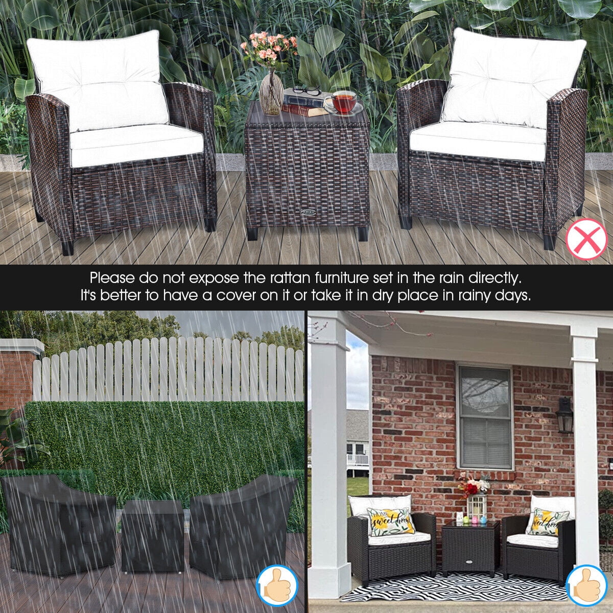 3 Pieces Wicker Cushioned Conversation Set Outdoor Rattan Furniture with Turquoise Cushions-Aldronix