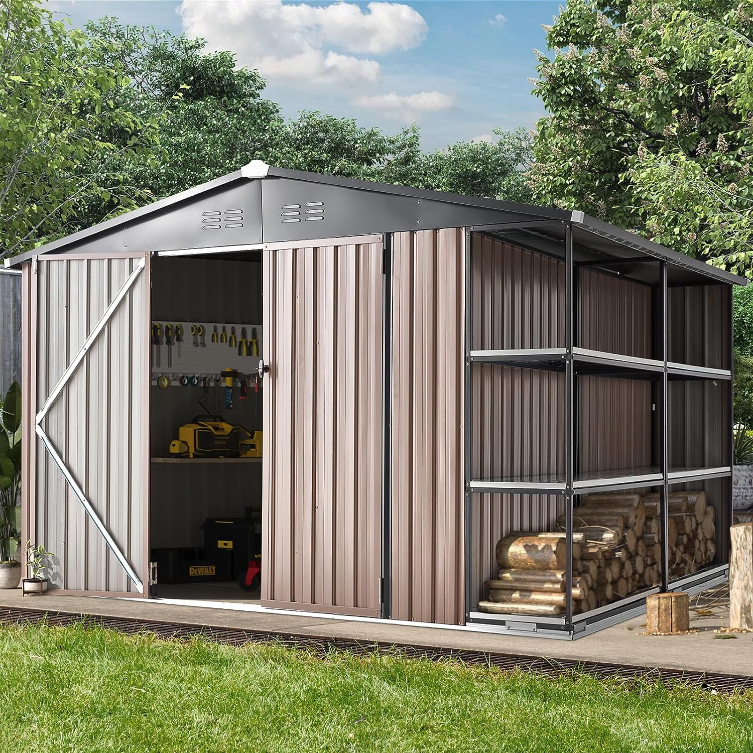 6' x 6' Outdoor Storage Shed with Rack & Shelves Metal Utility Tool Shed for Backyard & Garden-Aldronix