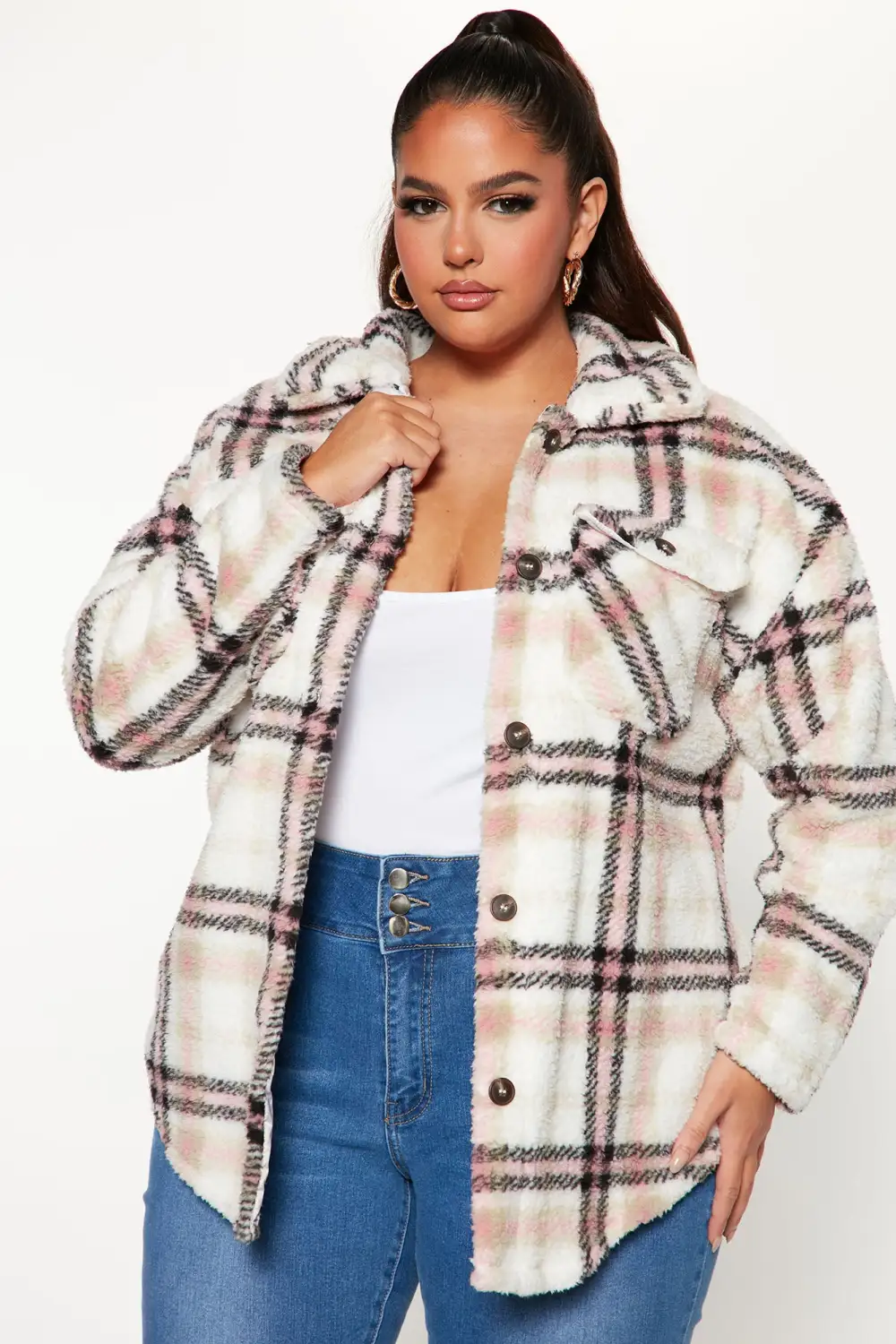 Shirt Jacket Sherpa Shacket - Pink/combo-Aldronix