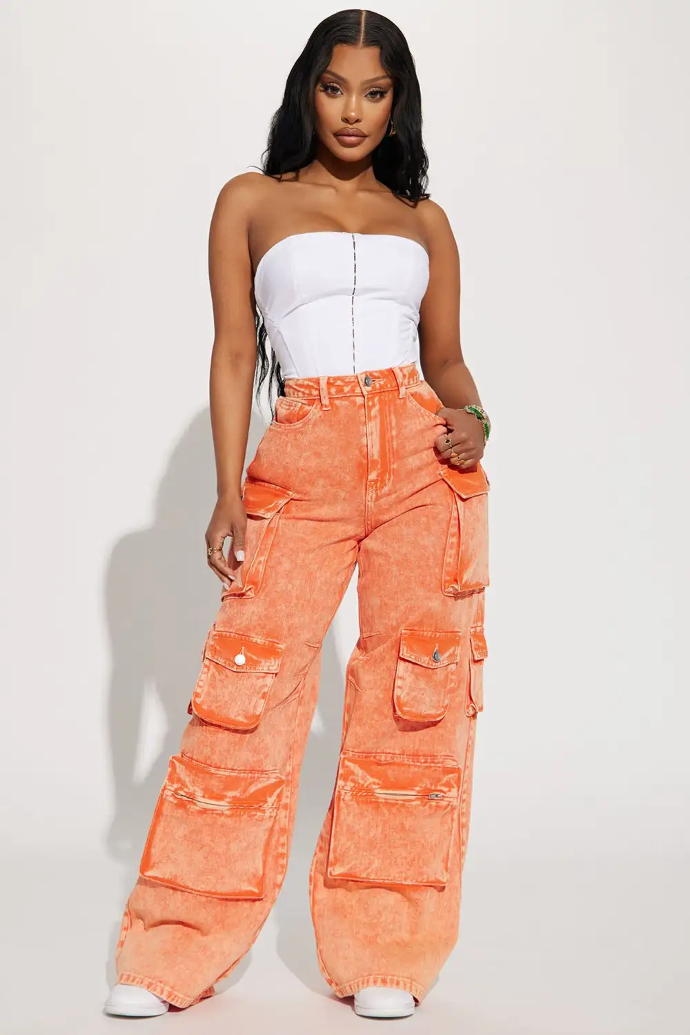 Lily High Rise Acid Wash Cargo Jeans - Orange-Aldronix