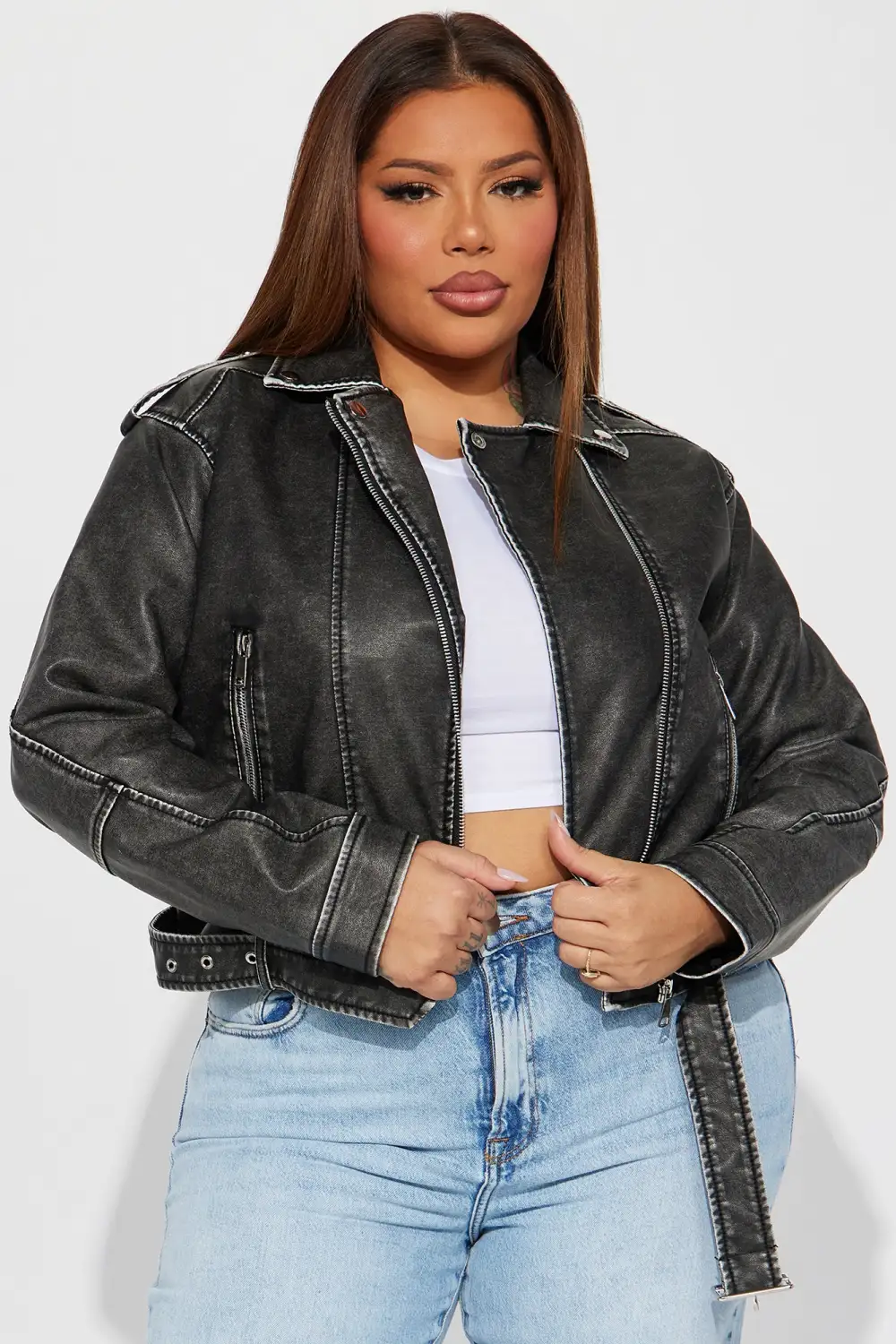 My Time Washed Faux Leather Moto Jacket - Charcoal-Aldronix