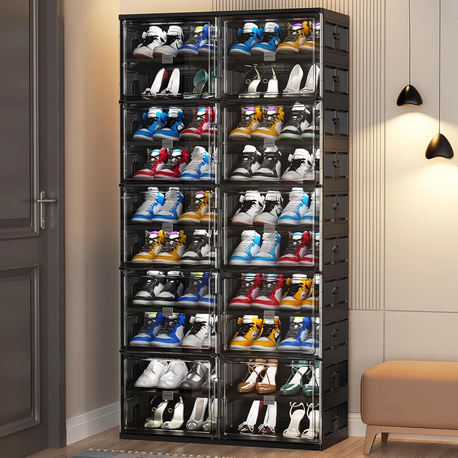 10 Tiers 40 Pairs Hard Plastic Shoe Storage Organizer Cabinet for Entryway, Large Stackable Collapsible Sneaker Shoe Box Organizer for Closet, Portable Folding Shoe Cabinet with Doors, Black-Aldronix