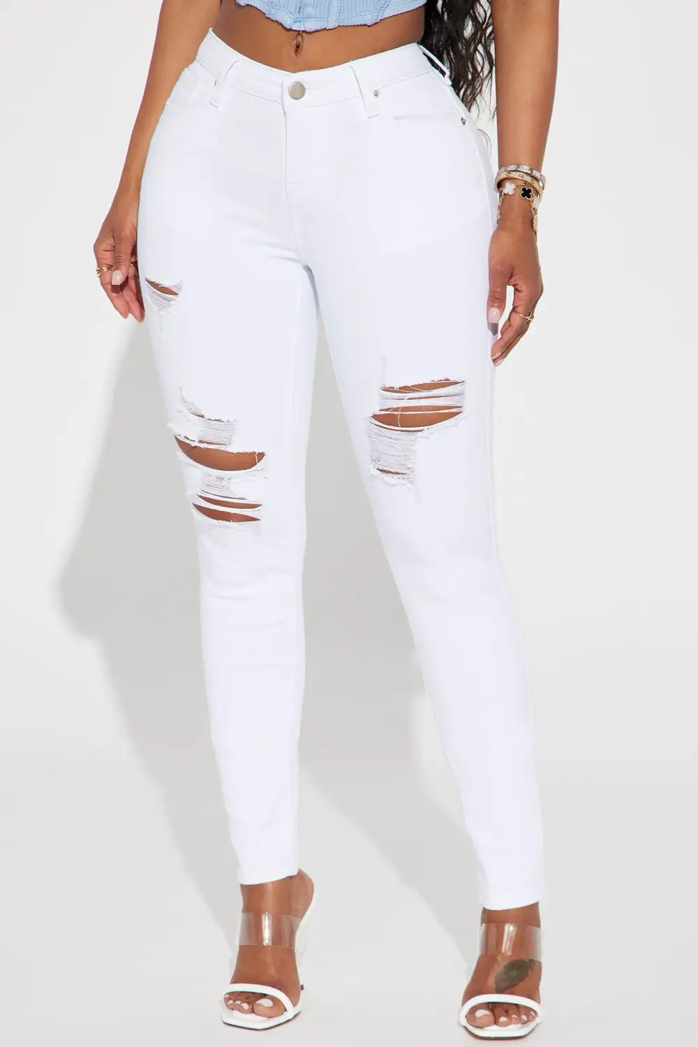 Raven Ripped  Mid Rise Stretch Skinny Jeans - White-Aldronix