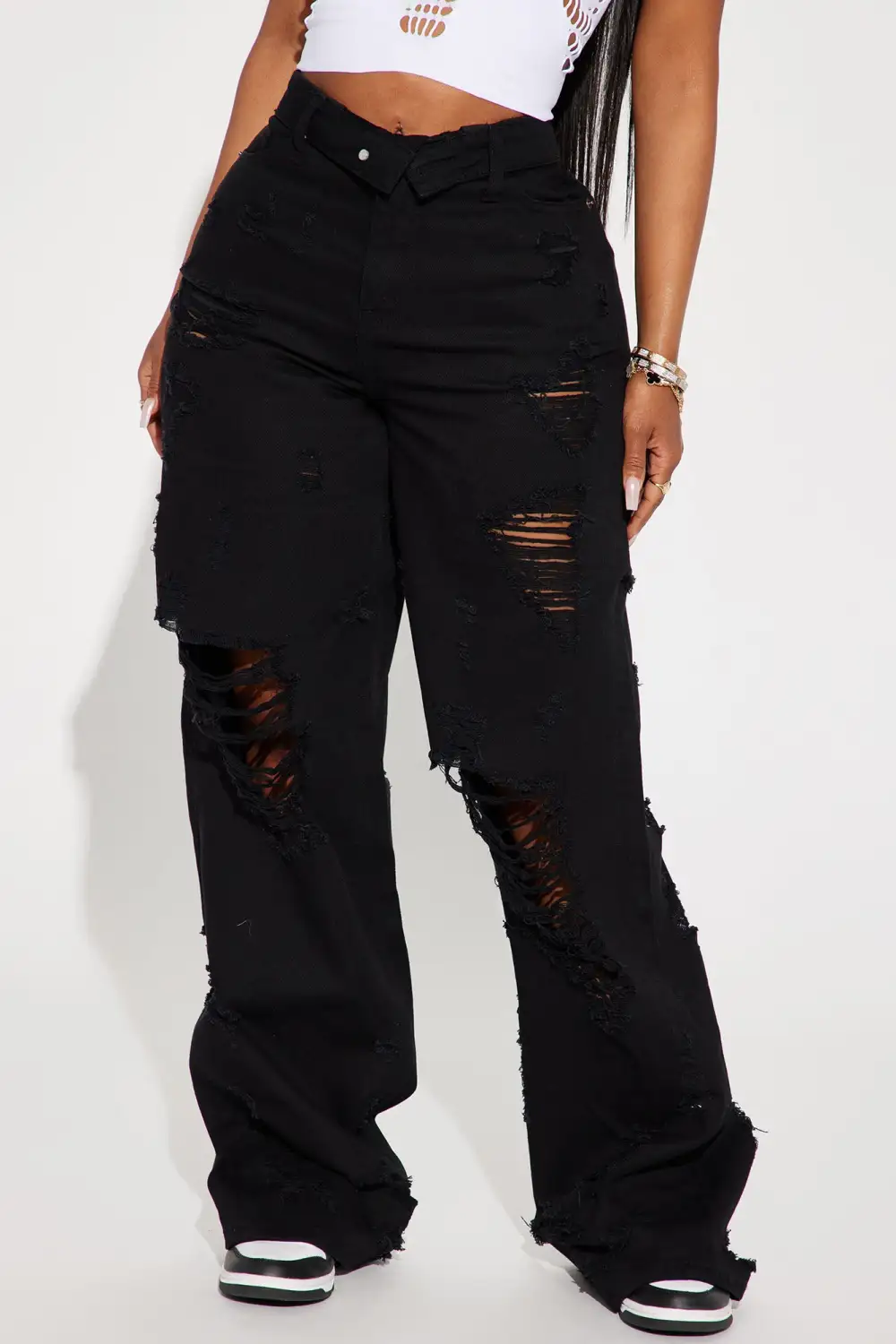 Summer Fling Destroyed Foldover Baggy Jean - Black-Aldronix