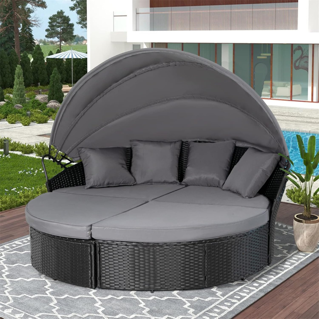 Backyard Porch Round Daybed  - Retractable Canopy-Aldronix