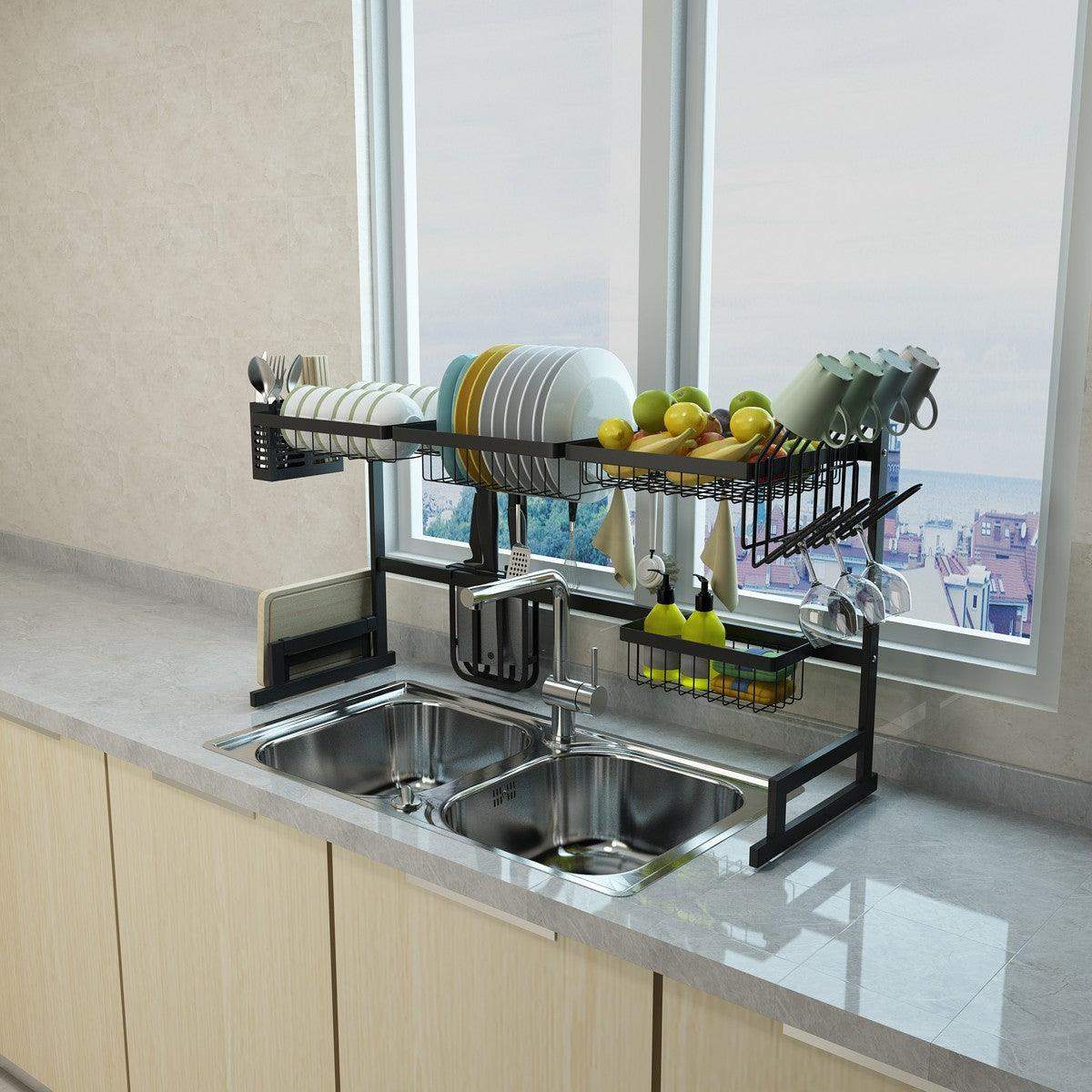 34.6" Stainless Steel Black Dish Drying Rack Over Kitchen Sink, Dishes and Utensils Draining Shelf-Aldronix