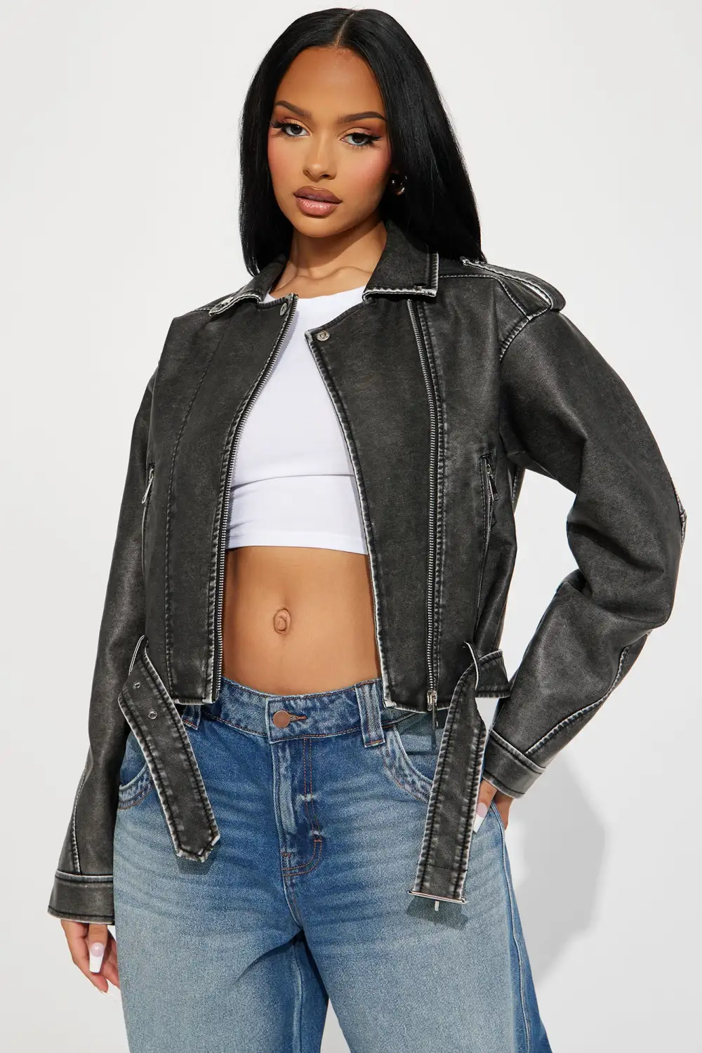 My Time Washed Faux Leather Moto Jacket - Charcoal-Aldronix
