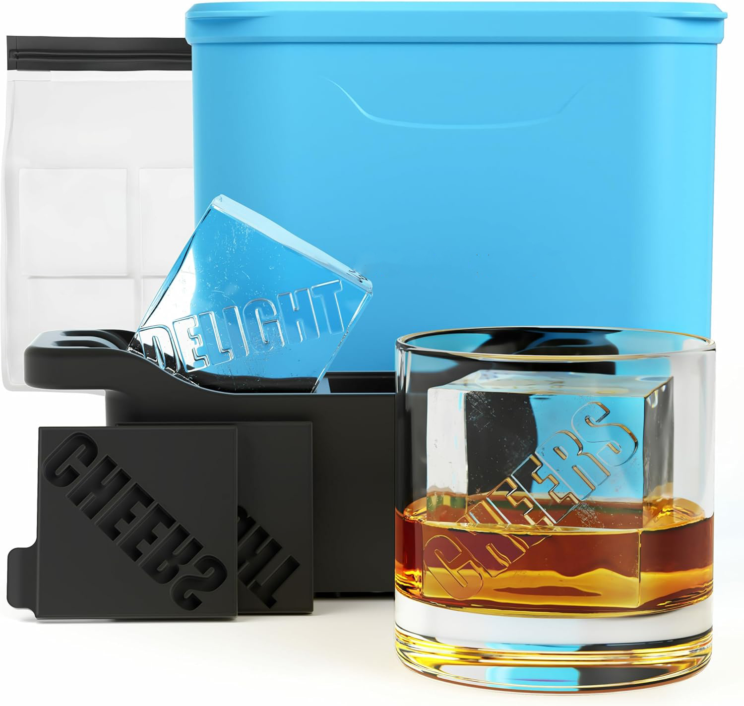 Prokonk Premium Clear Ice Cube Maker Mold - 4 Large 2.1-inch Crystal Clear Ice Squares for Whiskey & Cocktails - Easy-to-Remove Ice Cube Mold - Storage Bag & Silicone Inserts Included (Non-Electric)-Aldronix