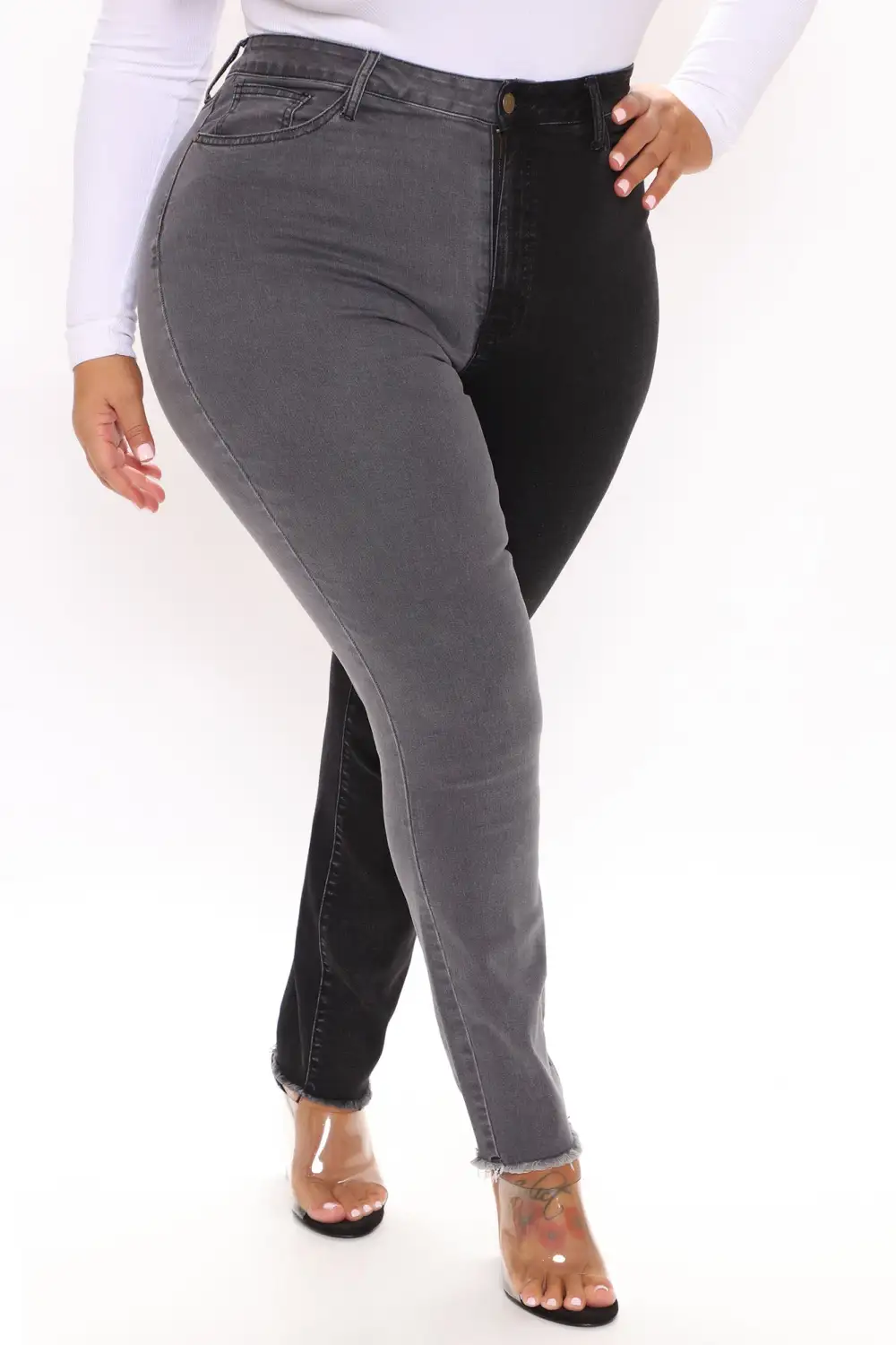 Half And Half Contrast High Rise Skinny Jeans - Black/Grey-Aldronix