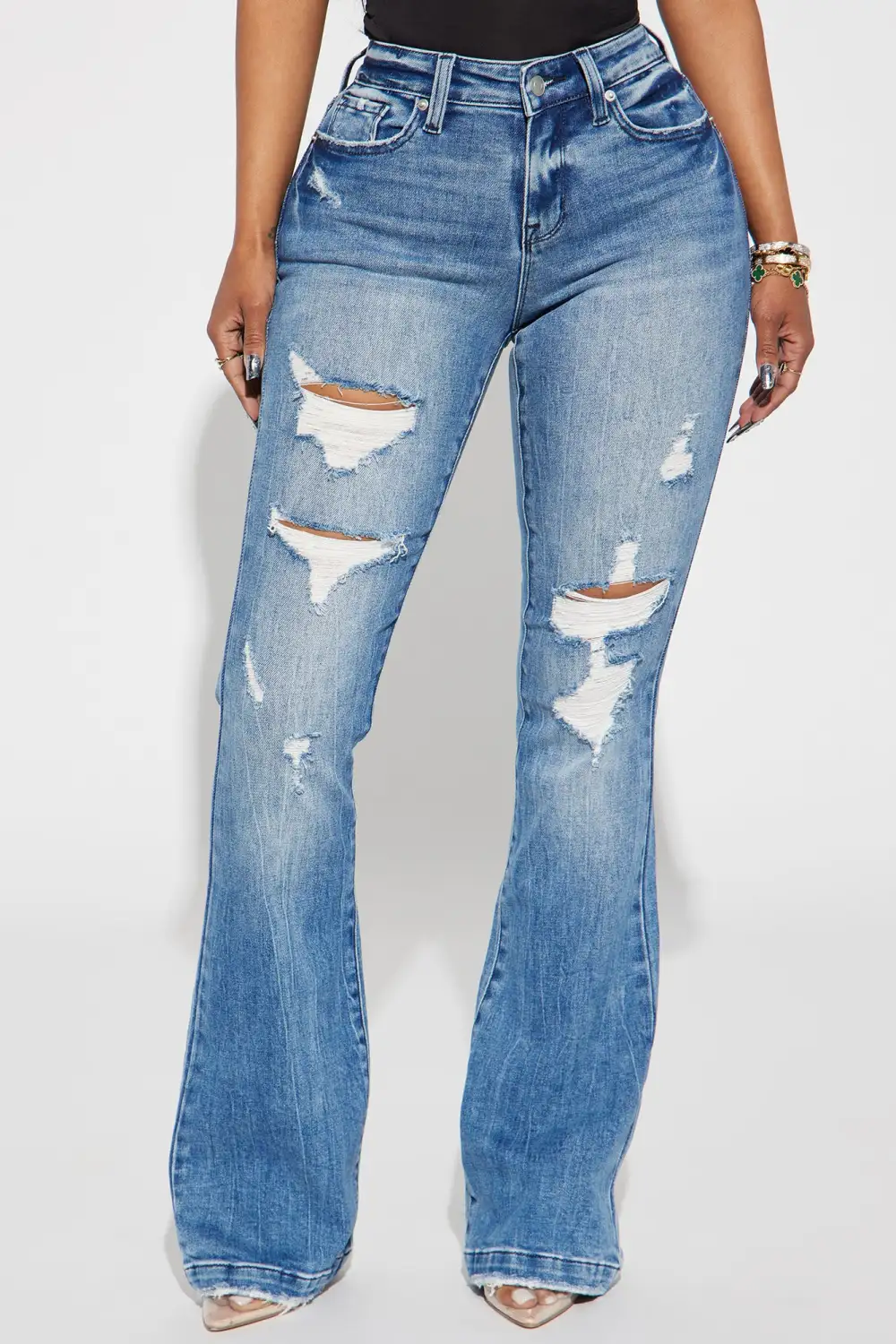 Marley Ripped Compression Flare Jeans - Medium Wash-Aldronix