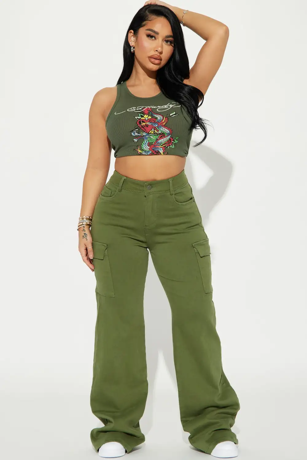 True That 90s Stretch Color Cargo Jeans - Olive-Aldronix