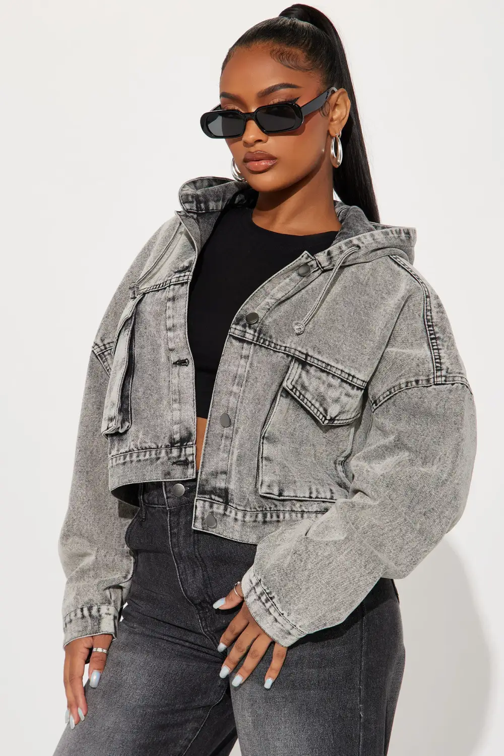 No Explanation Hooded Denim Jacket - Acid Wash Grey-Aldronix