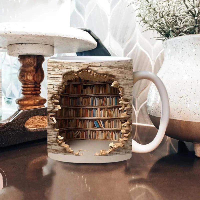 3D Library Bookshelf Mug, Coffee Mugs Gift for Book Lovers-Aldronix