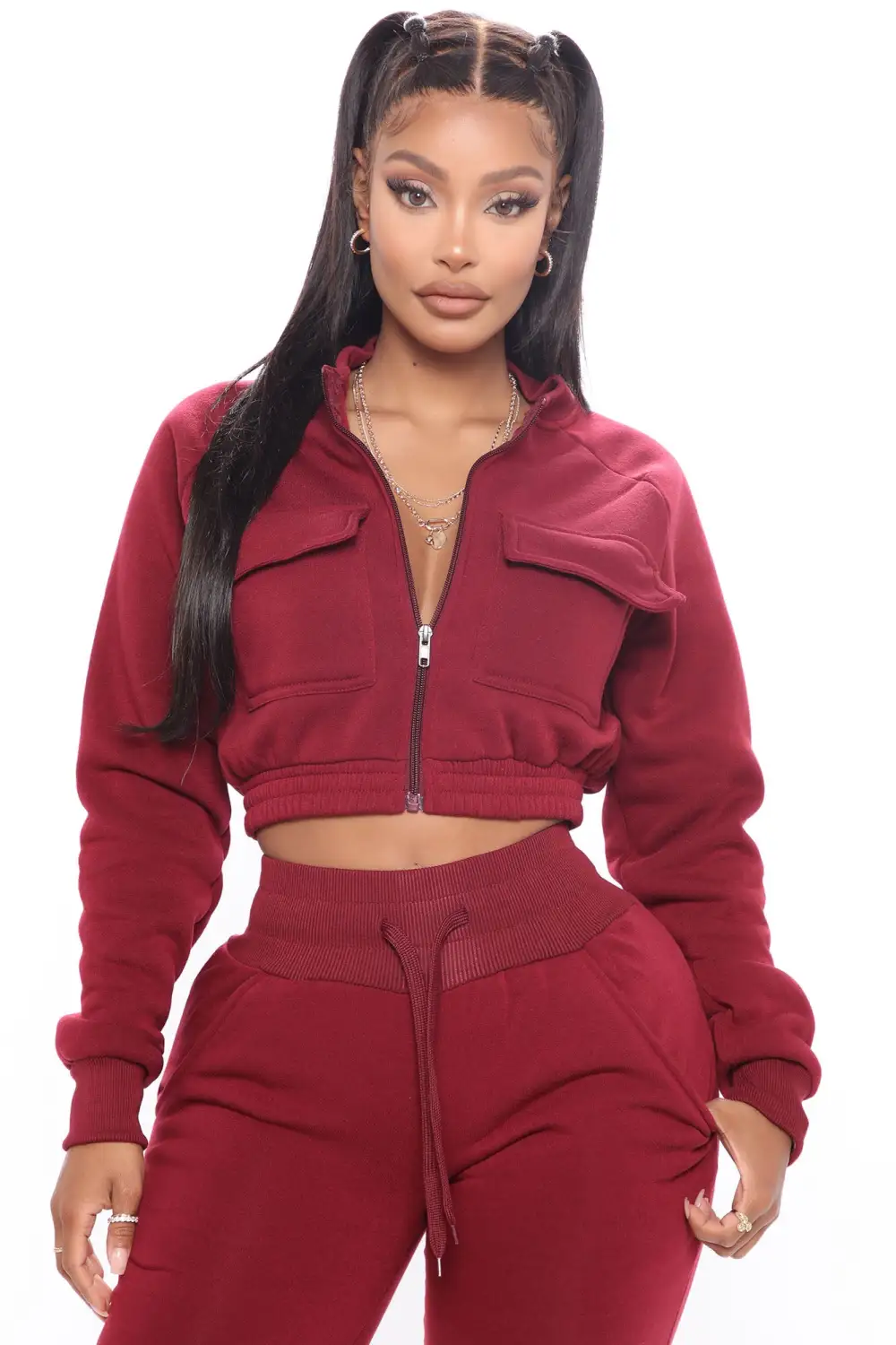 Crop Jacket Jogger Pant Fleece Set - Burgundy-Aldronix