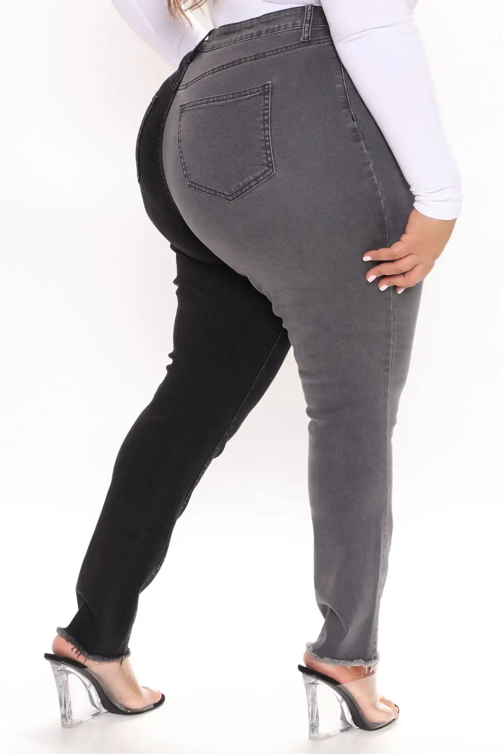 Half And Half Contrast High Rise Skinny Jeans - Black/Grey-Aldronix
