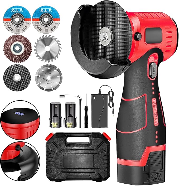 Cordless Brush Angle Grinder Kit, 19500rpm Mini Electric Angle Grinding Tool with 2pcs 16.8V 2000mAh Batteries and 5-Cutting Discs, Grinder Handheld Cutter for Metal Wood-Aldronix