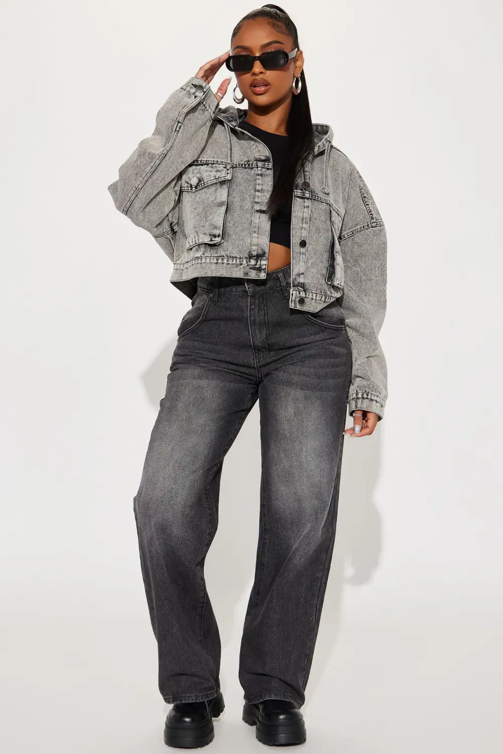 No Explanation Hooded Denim Jacket - Acid Wash Grey-Aldronix