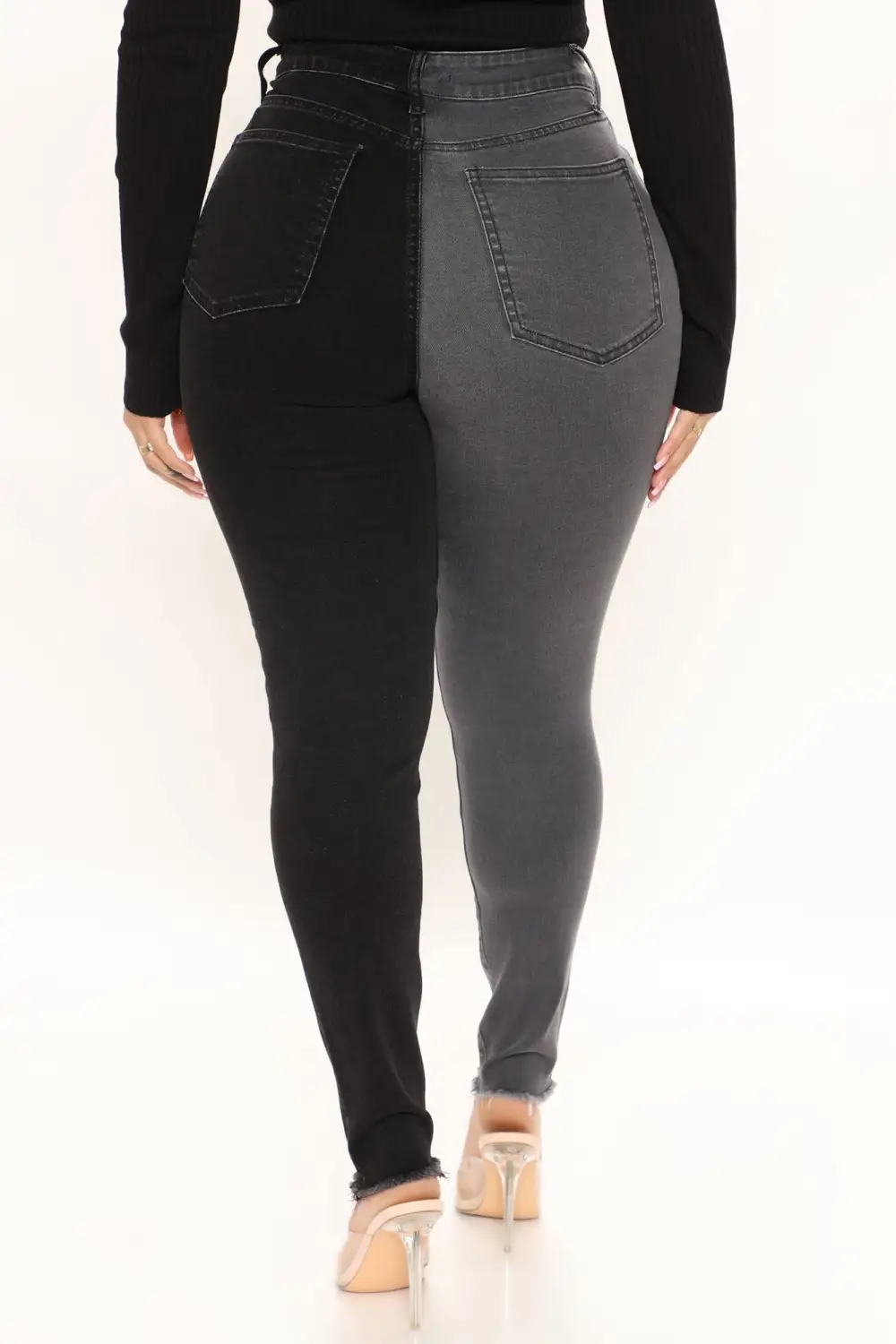 Half And Half Contrast High Rise Skinny Jeans - Black/Grey-Aldronix