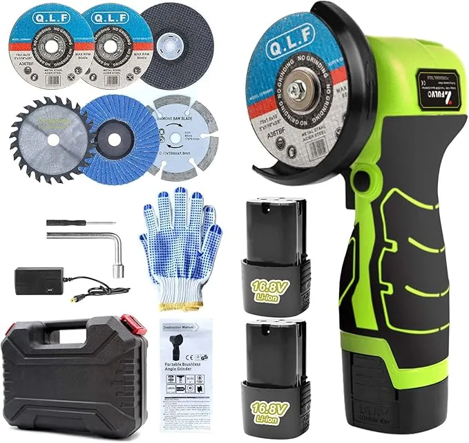 Cordless Brush Angle Grinder Kit, 19500rpm Mini Electric Angle Grinding Tool with 2pcs 16.8V 2000mAh Batteries and 5-Cutting Discs, Grinder Handheld Cutter for Metal Wood-Aldronix
