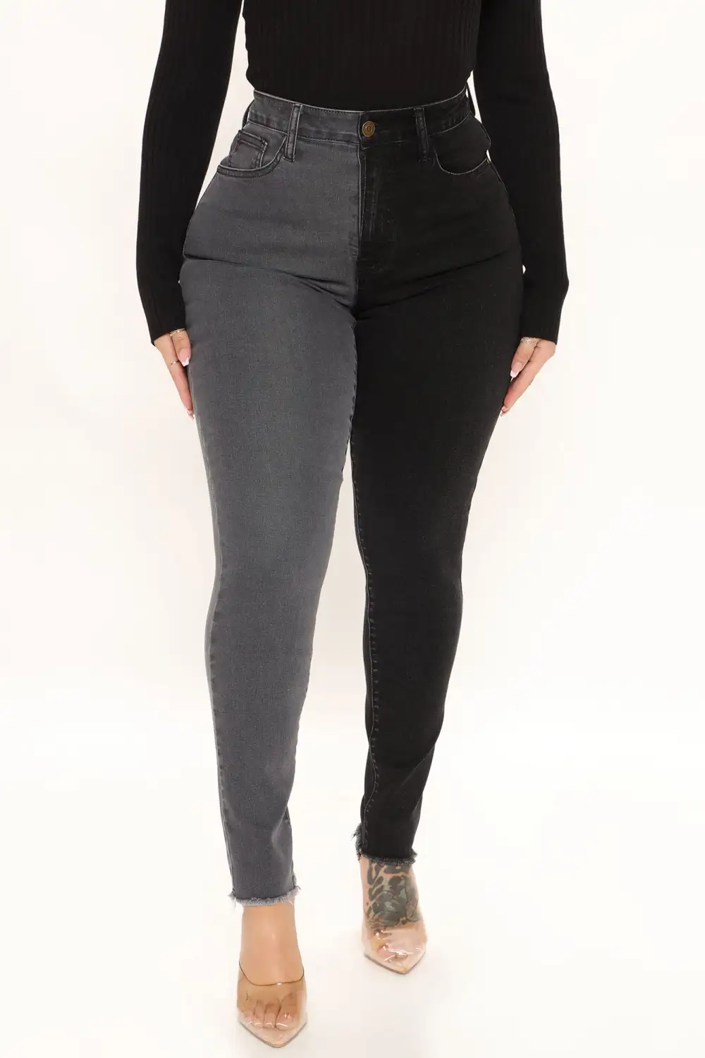 Half And Half Contrast High Rise Skinny Jeans - Black/Grey-Aldronix