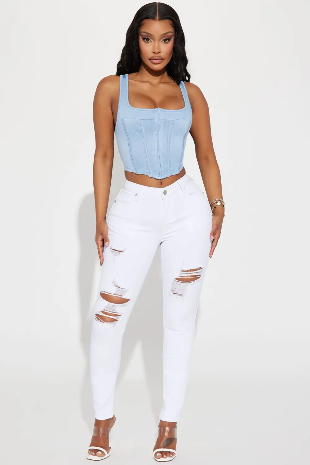Raven Ripped  Mid Rise Stretch Skinny Jeans - White-Aldronix