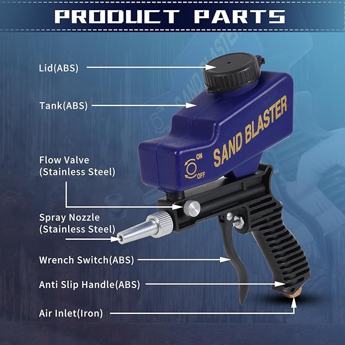 Sand Blaster Gun - Gravity Feed Sandblaster Gun for Metal, Wood Paint/Rust Removal and Glass Etching-Aldronix