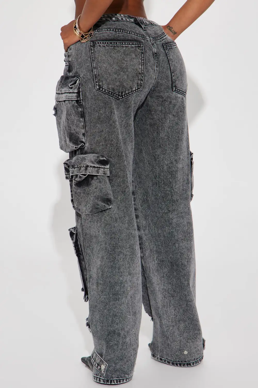 Millie Non Stretch Ripped Cargo Jeans - Acid Wash Black-Aldronix