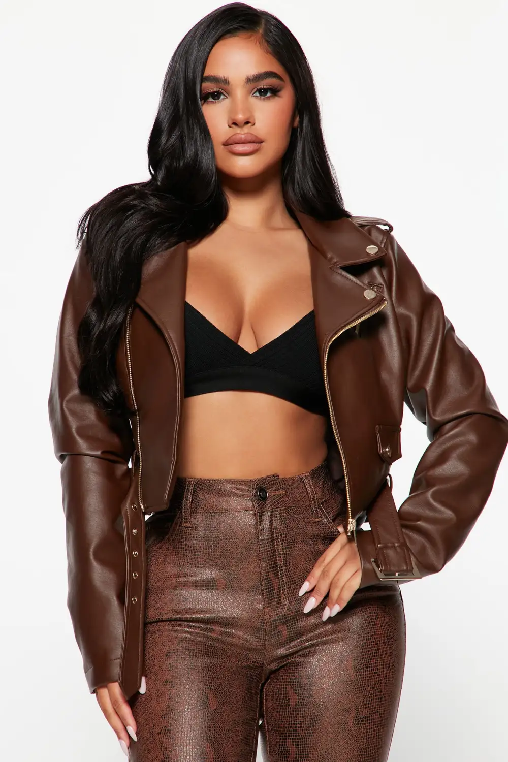Remind Me Later Faux Leather Jacket - Mocha/Gold-Aldronix