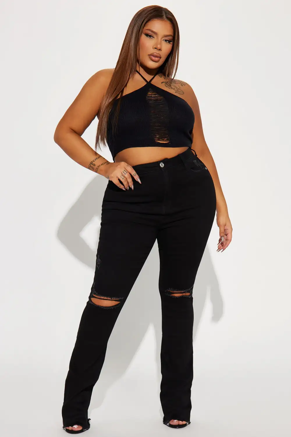 After Dark Ripped High Rise Stretch Bootcut Jeans - Black-Aldronix
