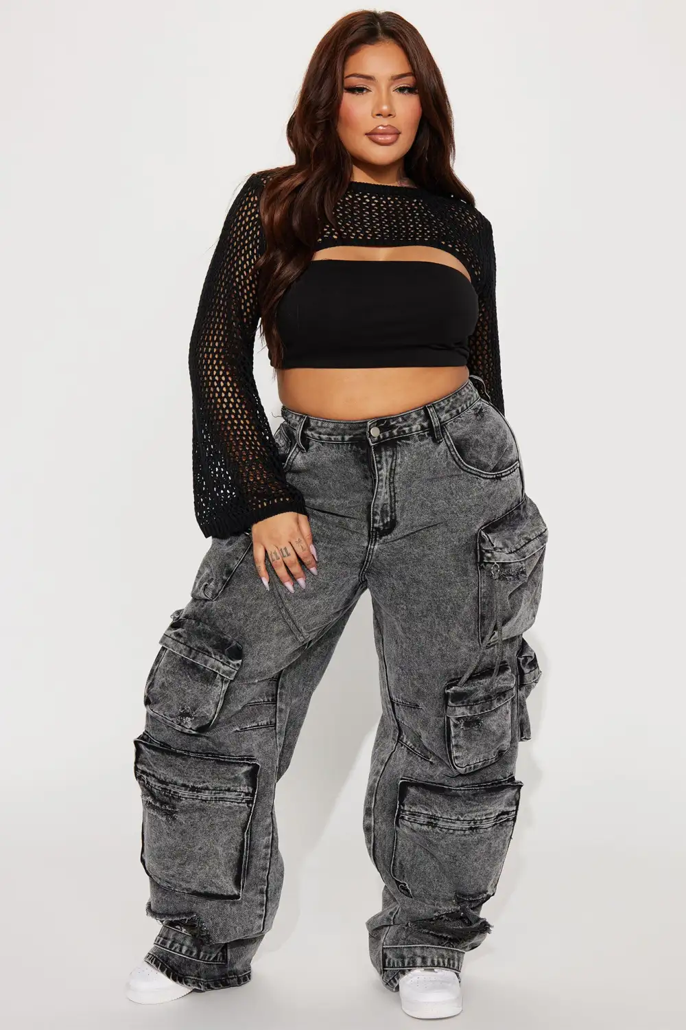 Millie Non Stretch Ripped Cargo Jeans - Acid Wash Black-Aldronix