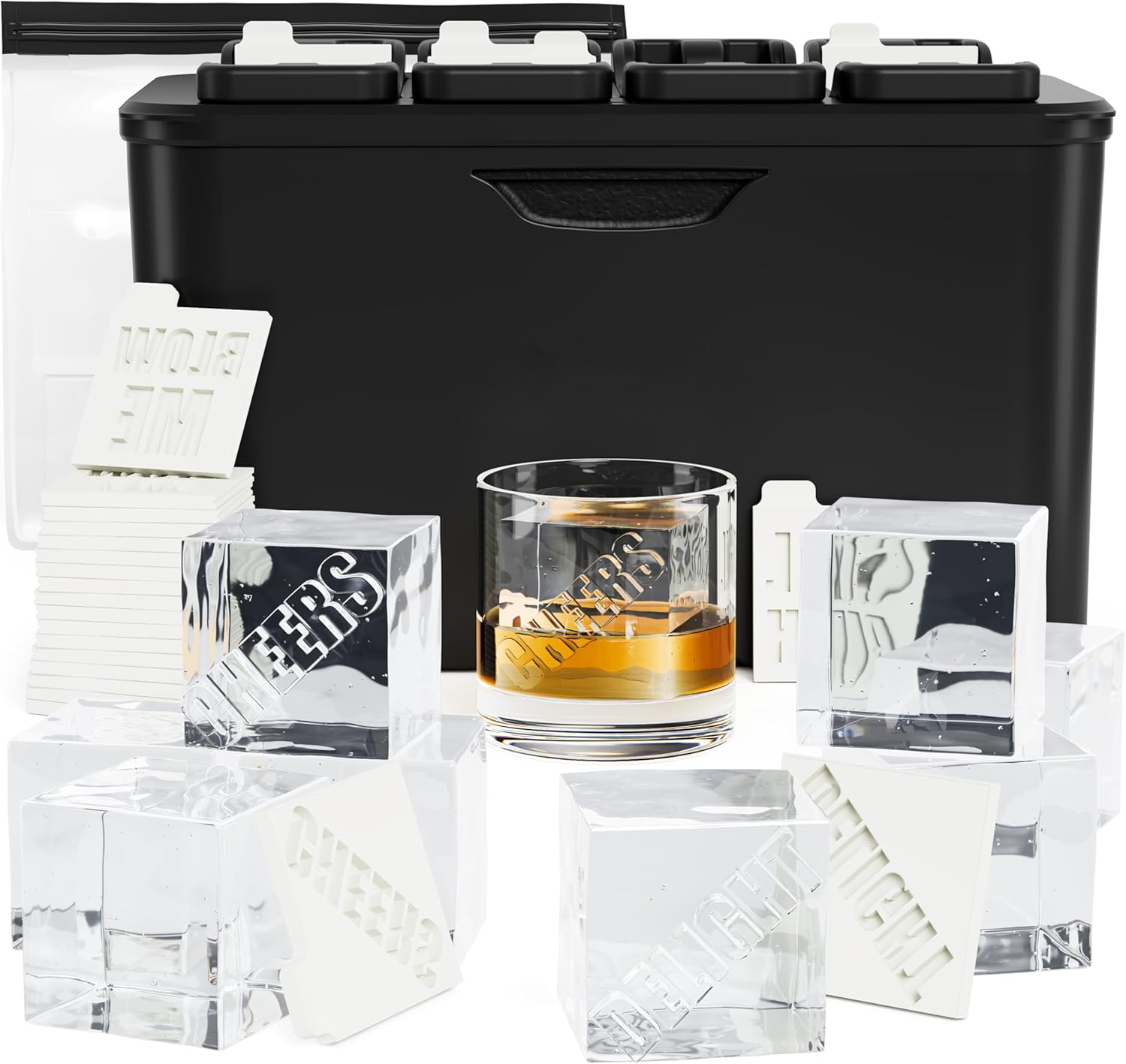 Prokonk Premium Clear Ice Cube Maker Mold - 4 Large 2.1-inch Crystal Clear Ice Squares for Whiskey & Cocktails - Easy-to-Remove Ice Cube Mold - Storage Bag & Silicone Inserts Included (Non-Electric)-Aldronix