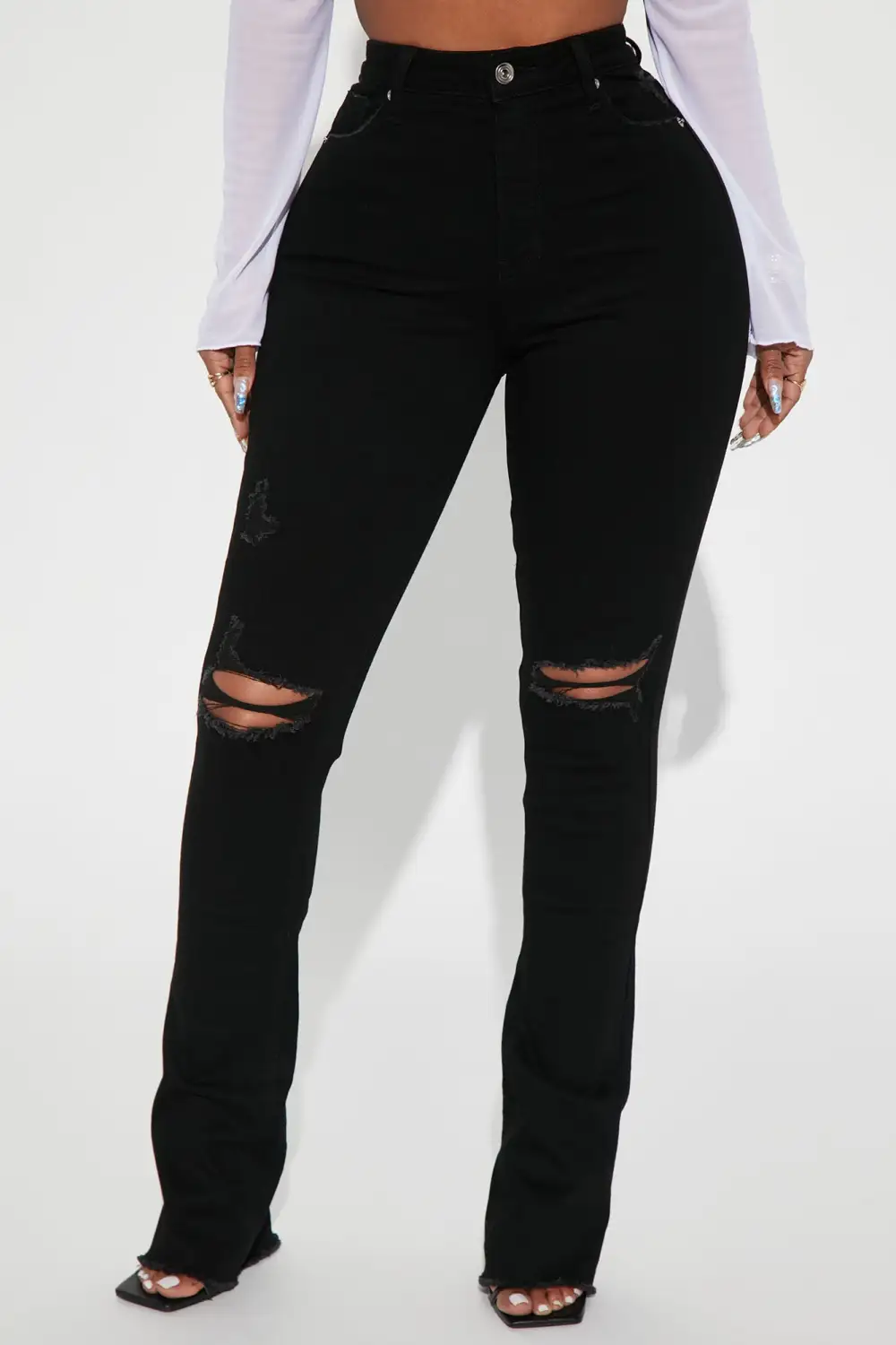 After Dark Ripped High Rise Stretch Bootcut Jeans - Black-Aldronix