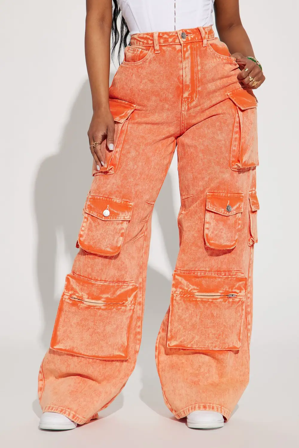Lily High Rise Acid Wash Cargo Jeans - Orange-Aldronix