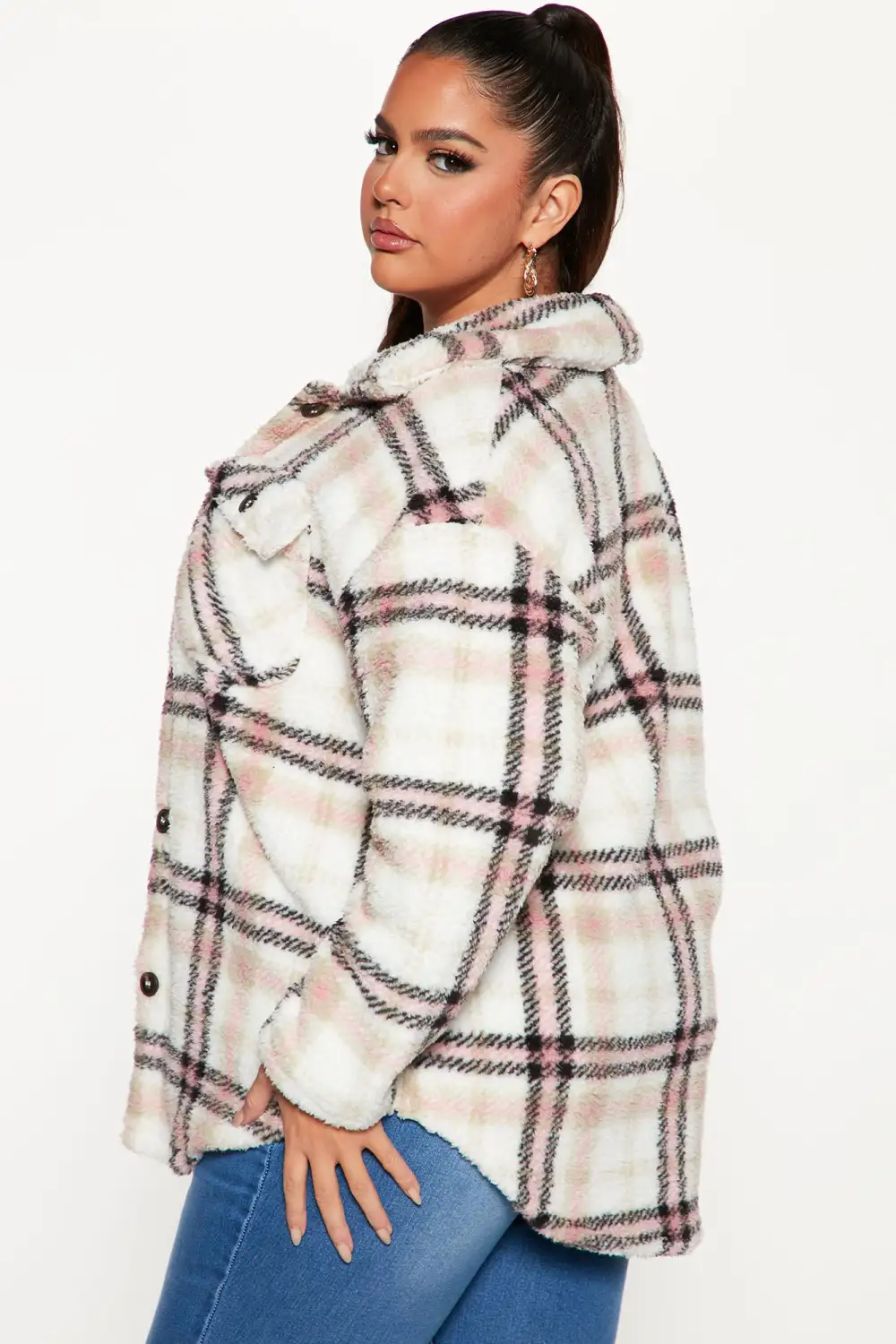 Shirt Jacket Sherpa Shacket - Pink/combo-Aldronix