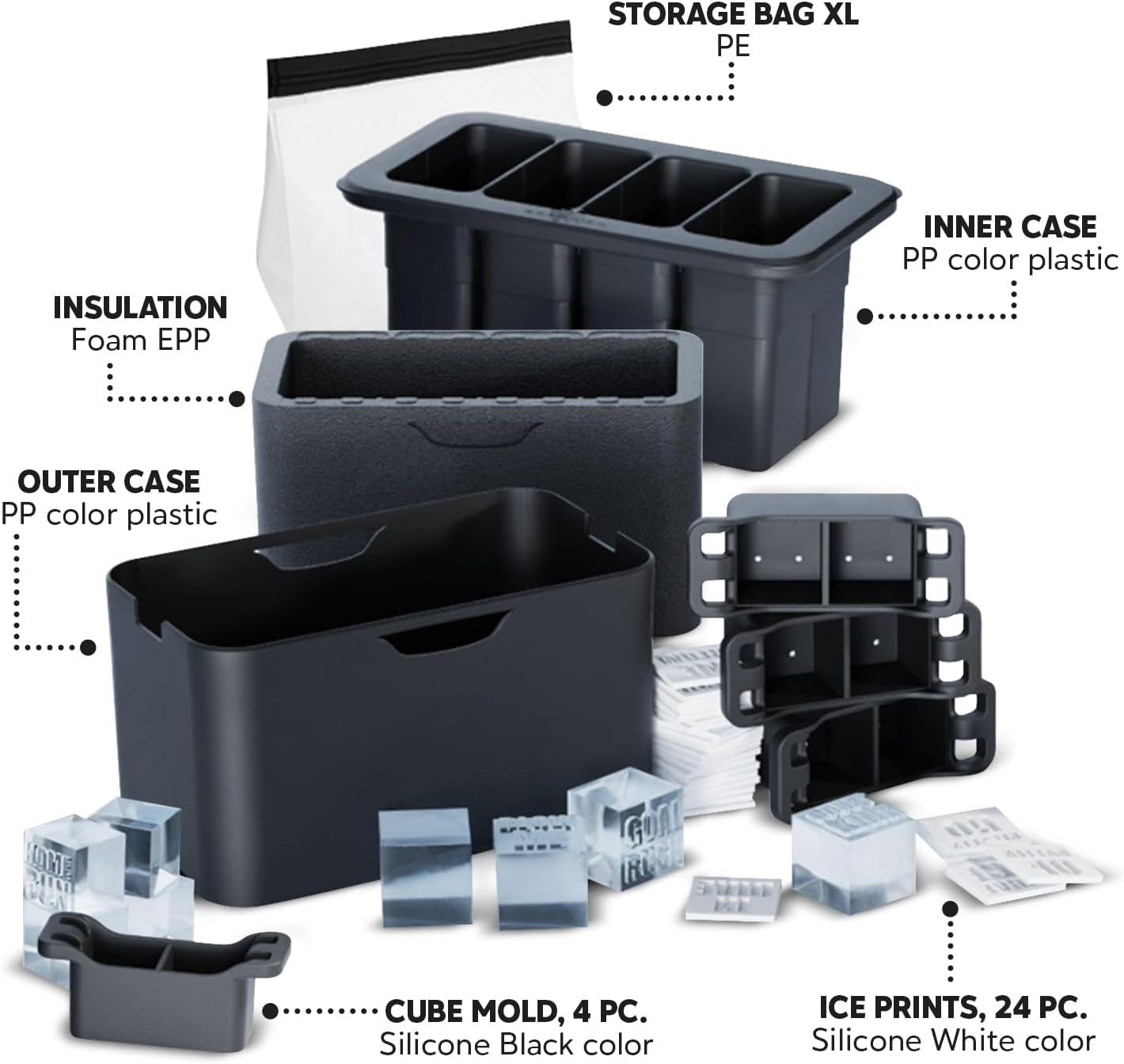 Prokonk Premium Clear Ice Cube Maker Mold - 4 Large 2.1-inch Crystal Clear Ice Squares for Whiskey & Cocktails - Easy-to-Remove Ice Cube Mold - Storage Bag & Silicone Inserts Included (Non-Electric)-Aldronix