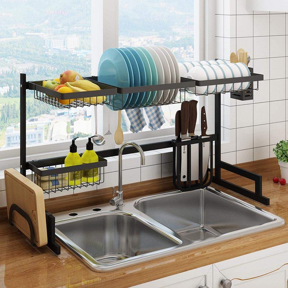 34.6" Stainless Steel Black Dish Drying Rack Over Kitchen Sink, Dishes and Utensils Draining Shelf-Aldronix