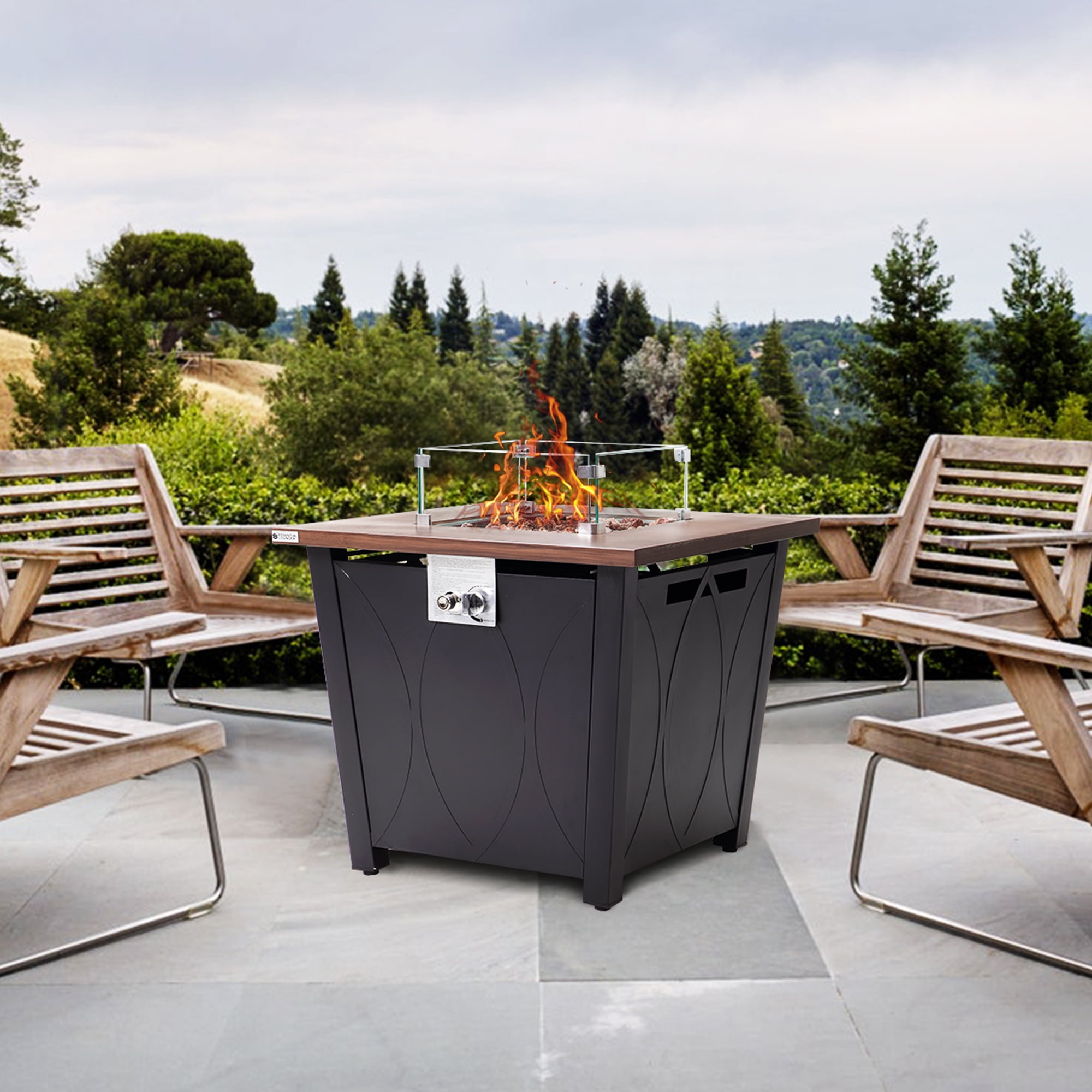 28" Propane Gas Fire Pit Table, 50000 BTU Steel Fire Table with Lid and Waterproof Cover, Black-Aldronix