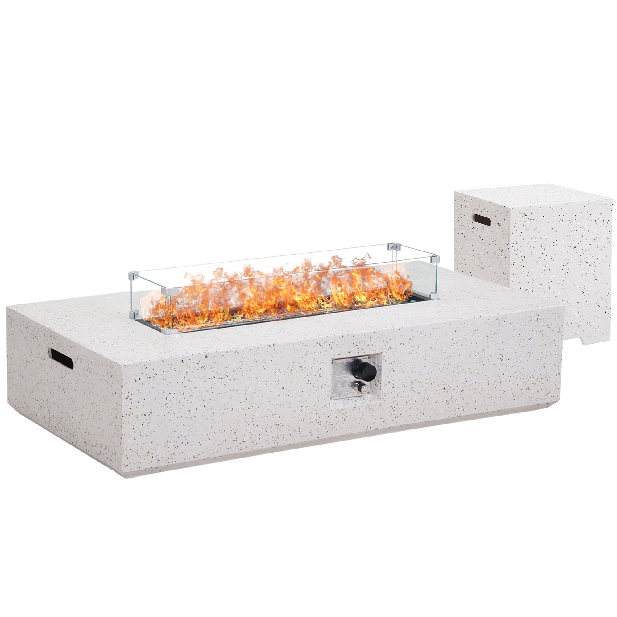 56 inch Concrete Propane Fire Pit Table, 50,000 BTU Outdoor Firepit Rectangular Table with Propane Tank Metal Stand, Fire Glass Beads and Waterproof Cover, White-Aldronix
