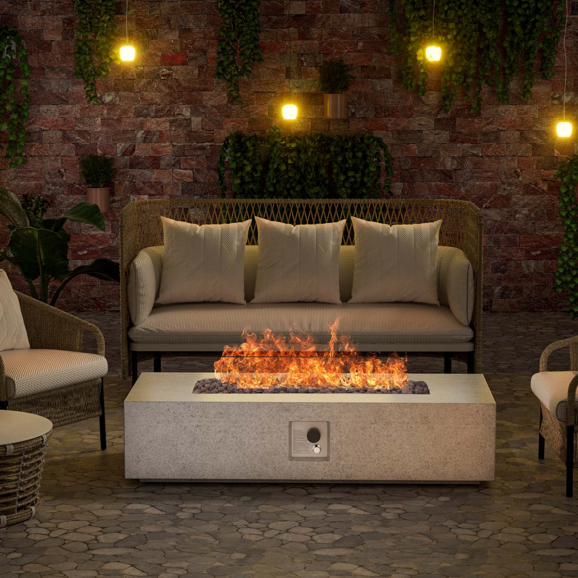 56 inch Concrete Propane Fire Pit Table, 50,000 BTU Outdoor Firepit Rectangular Table with Propane Tank Metal Stand, Fire Glass Beads and Waterproof Cover, White-Aldronix