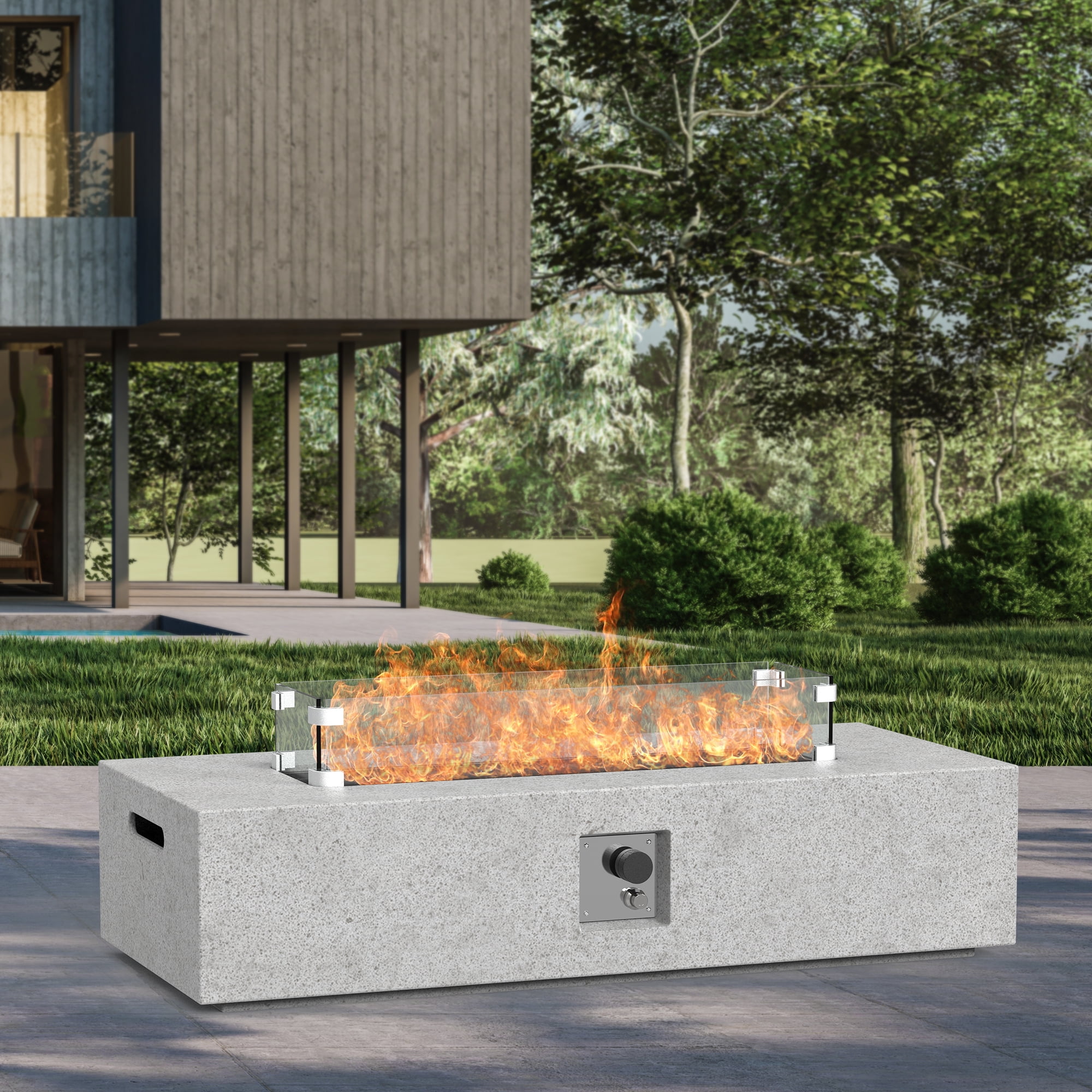 56 inch Concrete Propane Fire Pit Table, 50,000 BTU Outdoor Firepit Rectangular Table with Propane Tank Metal Stand, Fire Glass Beads and Waterproof Cover, White-Aldronix