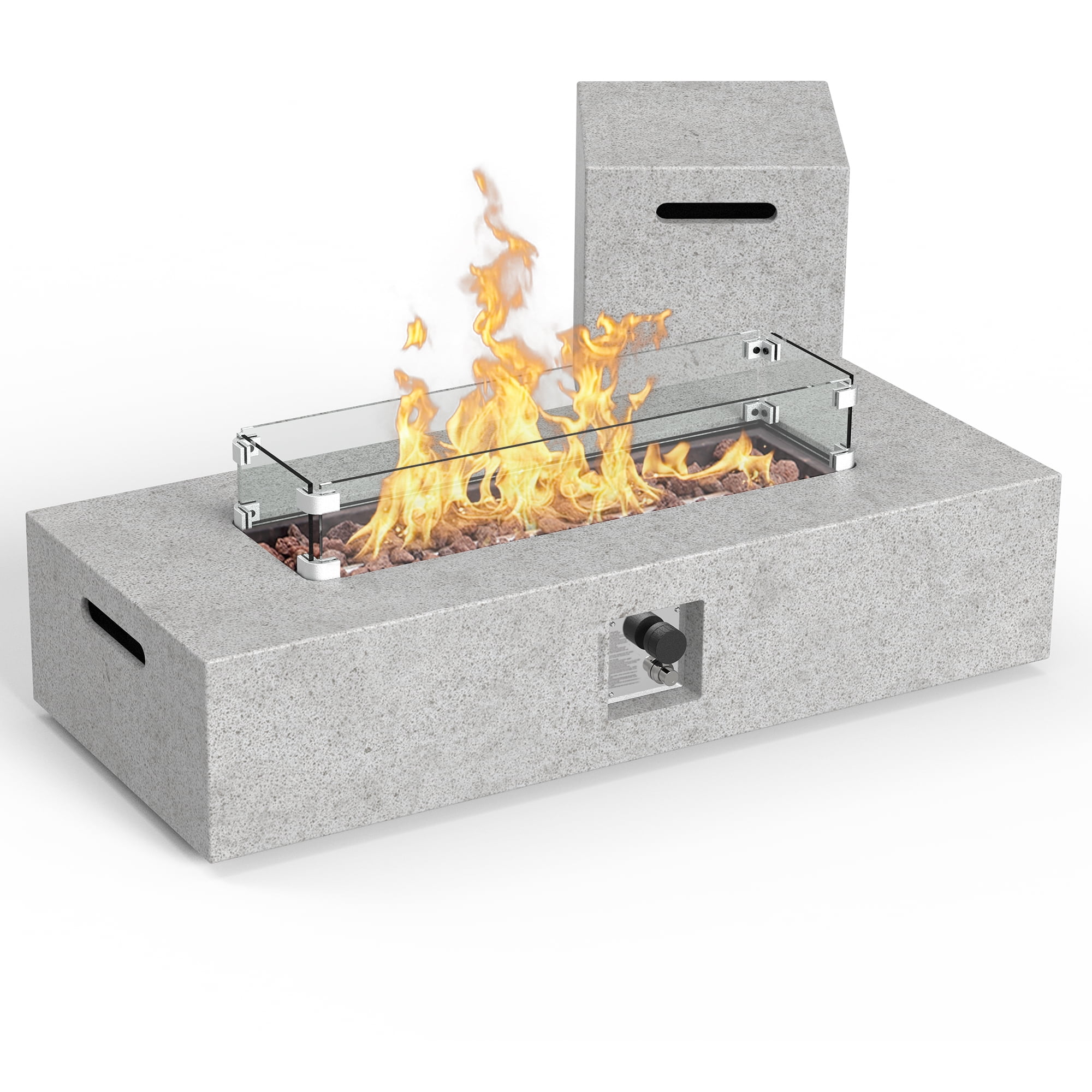 56 inch Concrete Propane Fire Pit Table, 50,000 BTU Outdoor Firepit Rectangular Table with Propane Tank Metal Stand, Fire Glass Beads and Waterproof Cover, White-Aldronix