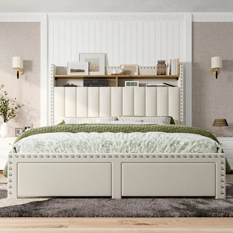 e Upholstered Queen Bed Frame with Storage and Headboard, Heavy Duty Metal Bed Frame with 2 Drawers, Noise-Free, White-Aldronix