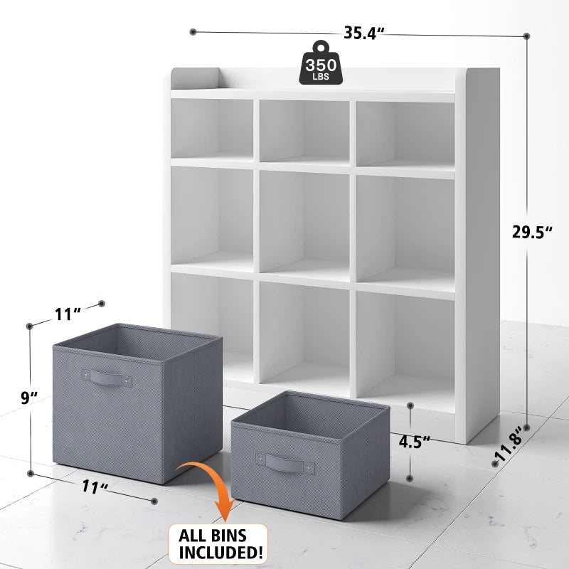 Cube Storage Organizer With 9 Bins, White Wooden Cube Organizer Shelf-Aldronix