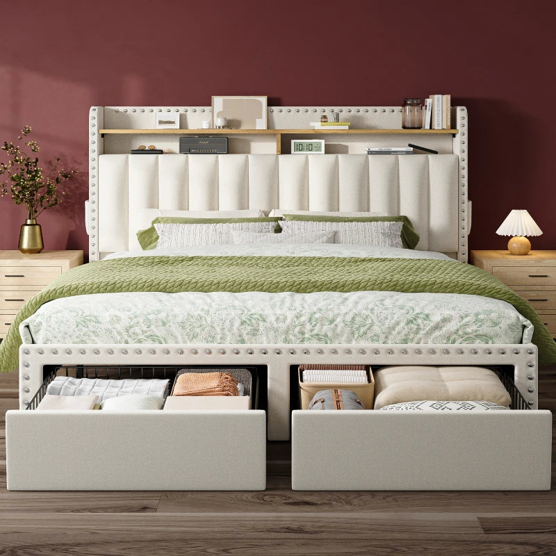 e Upholstered Queen Bed Frame with Storage and Headboard, Heavy Duty Metal Bed Frame with 2 Drawers, Noise-Free, White-Aldronix